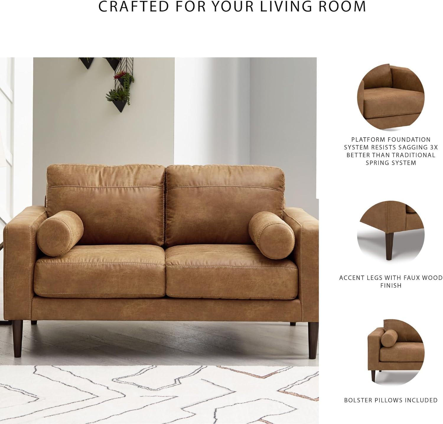 imageSignature Design by Ashley Telora Modern Faux Leather Loveseat with 2 Bolster Pillows Dark Brown