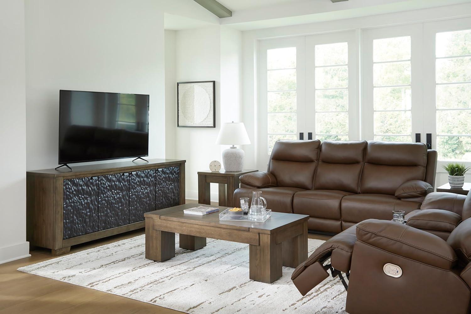 imageSignature Design by Ashley VonRyan Modern Leather Match Power Reclining Sofa with USB Ports Dark BrownPower Reclining Sofa