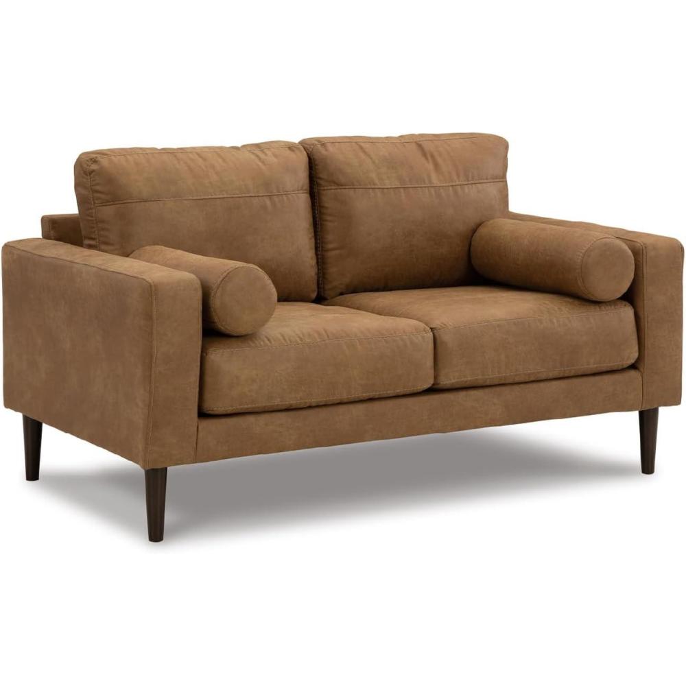 imageSignature Design by Ashley Telora Modern Faux Leather Loveseat with 2 Bolster Pillows Dark Brown