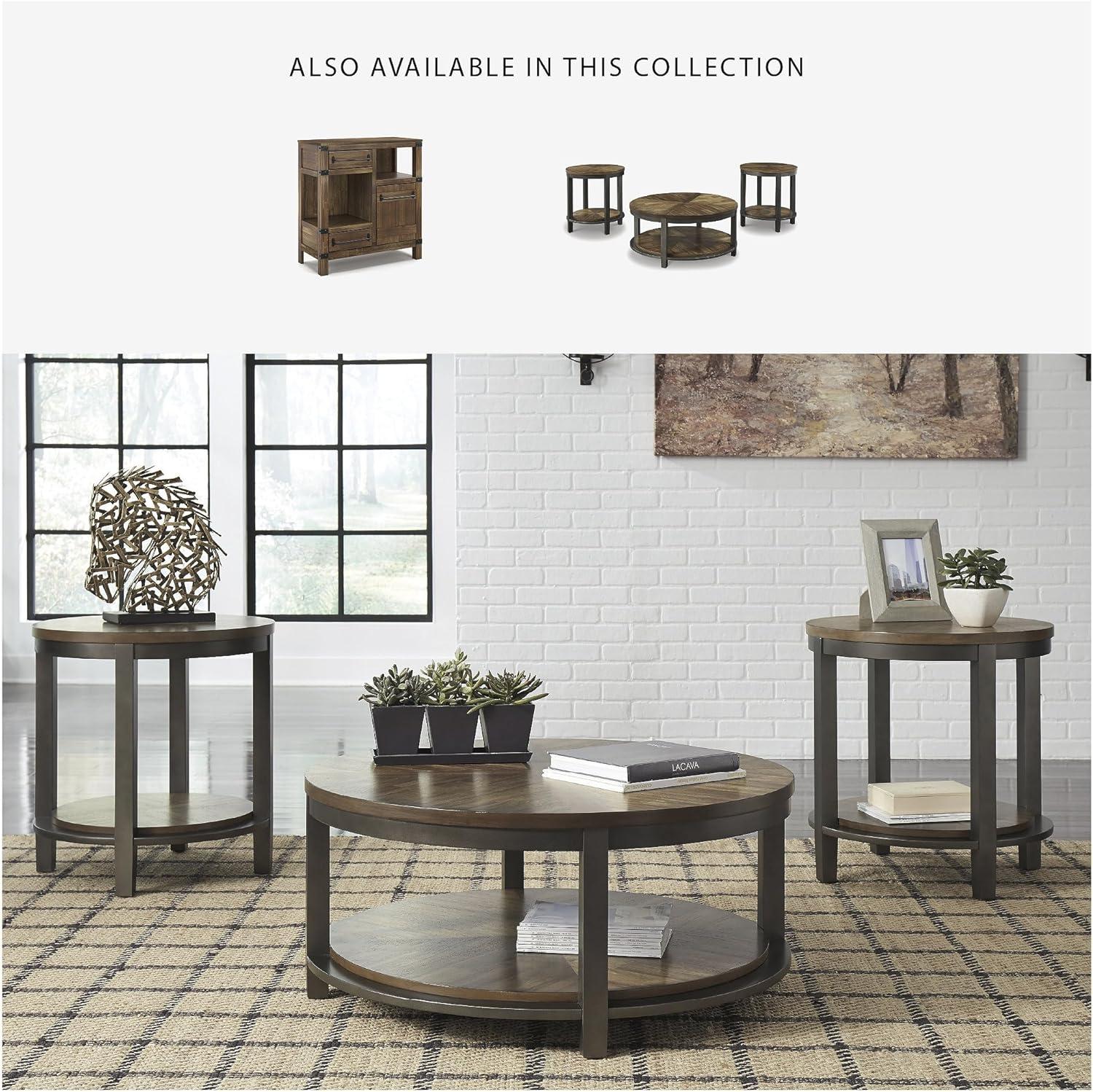 imageSignature Design by Ashley Roybeck Industrial Accent Cabinet with 2 Shelves 1 Adjustable Shelf and 2 Drawers Light BrownModern Farmhouse