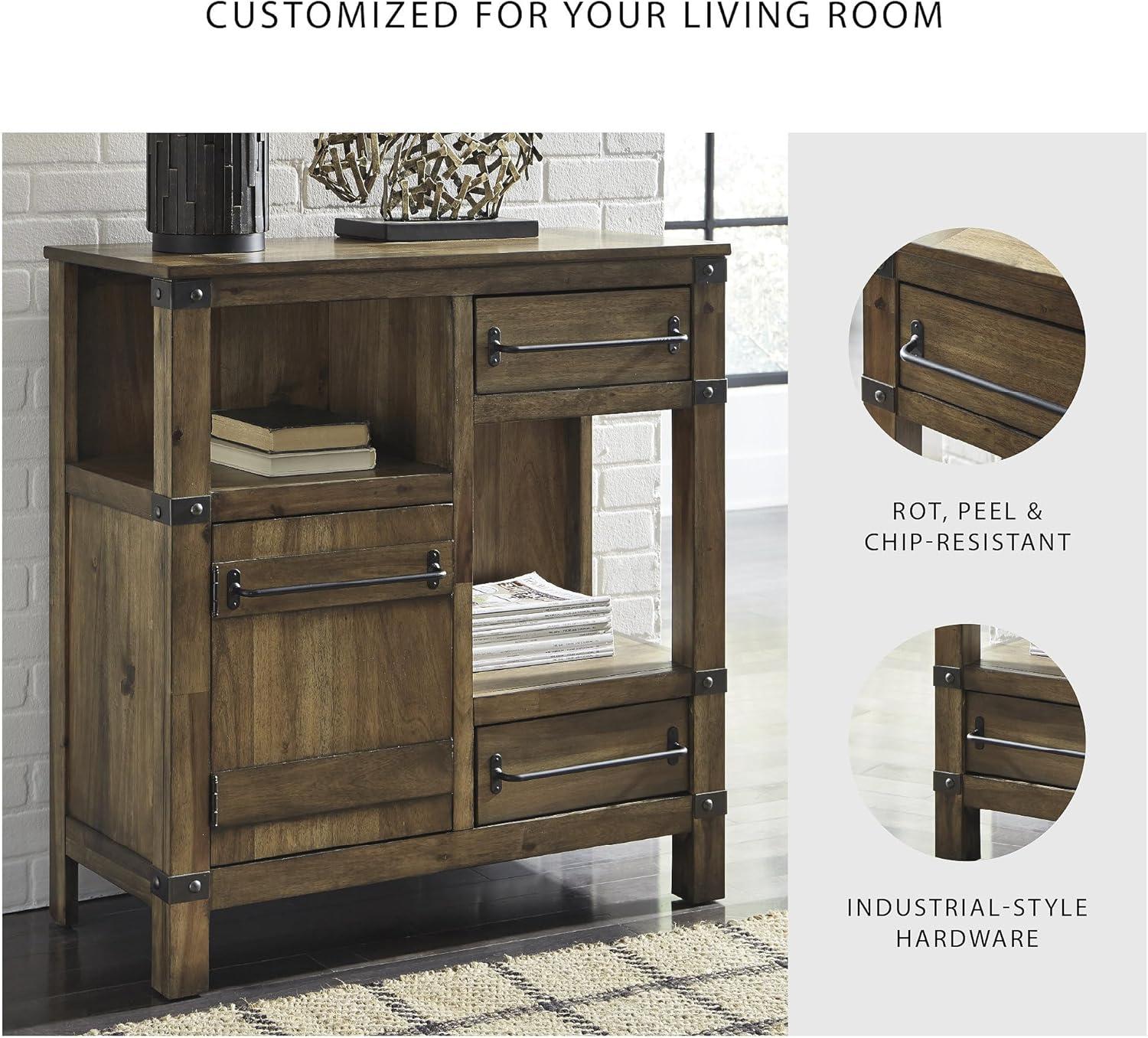 imageSignature Design by Ashley Roybeck Industrial Accent Cabinet with 2 Shelves 1 Adjustable Shelf and 2 Drawers Light BrownModern Farmhouse