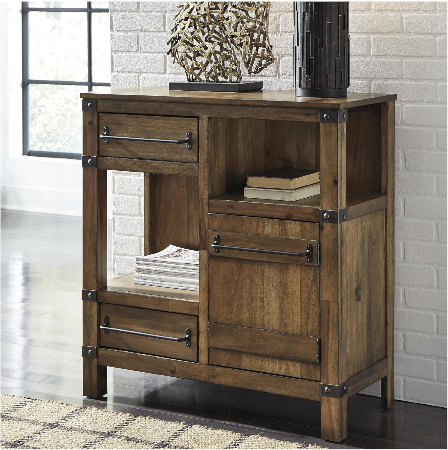 imageSignature Design by Ashley Roybeck Industrial Accent Cabinet with 2 Shelves 1 Adjustable Shelf and 2 Drawers Light BrownModern Farmhouse