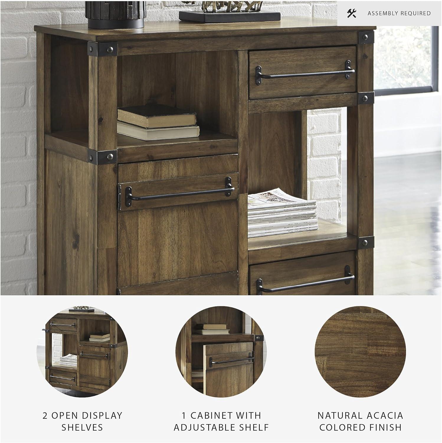 imageSignature Design by Ashley Roybeck Industrial Accent Cabinet with 2 Shelves 1 Adjustable Shelf and 2 Drawers Light BrownModern Farmhouse