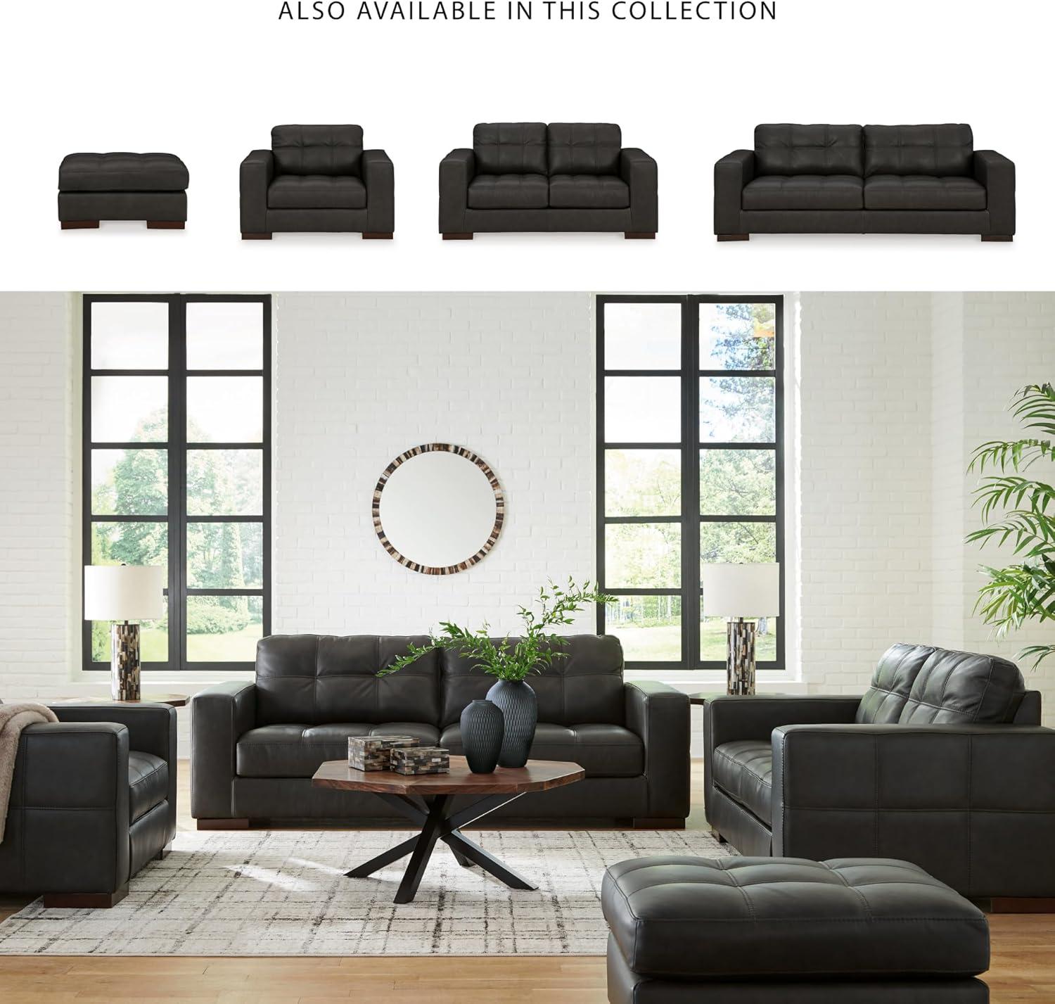 imageSignature Design by Ashley Lombardia Contemporary Oversized Accent Chair with Foam Cushions Exposed Feet with Faux Wood Finish Leather 20quot Seat Height BrownBlack