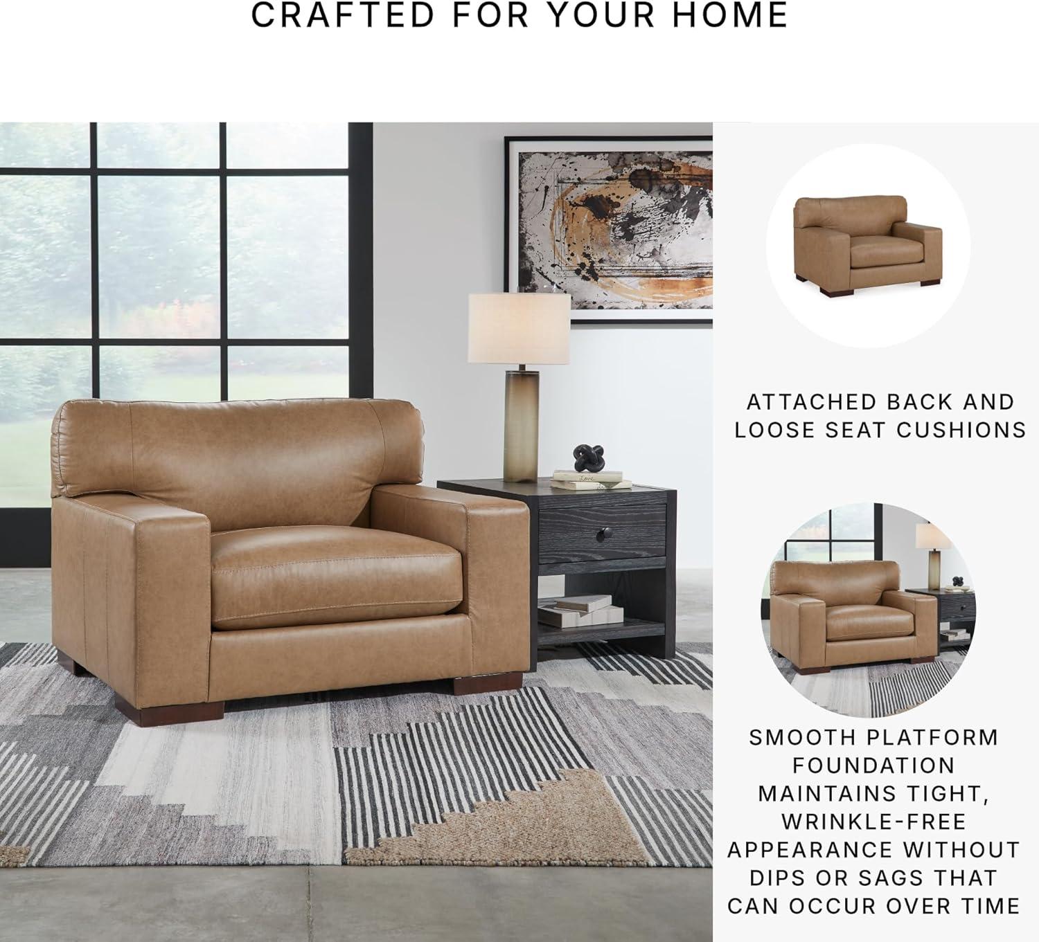 imageSignature Design by Ashley Lombardia Contemporary Oversized Accent Chair with Foam Cushions Exposed Feet with Faux Wood Finish Leather 20quot Seat Height BrownLight Brown