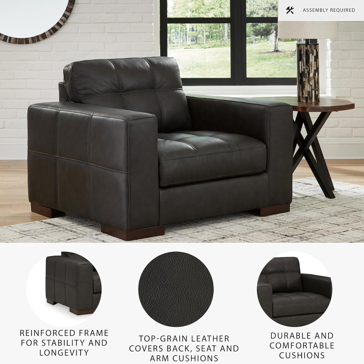 imageSignature Design by Ashley Lombardia Contemporary Oversized Accent Chair with Foam Cushions Exposed Feet with Faux Wood Finish Leather 20quot Seat Height BrownBlack