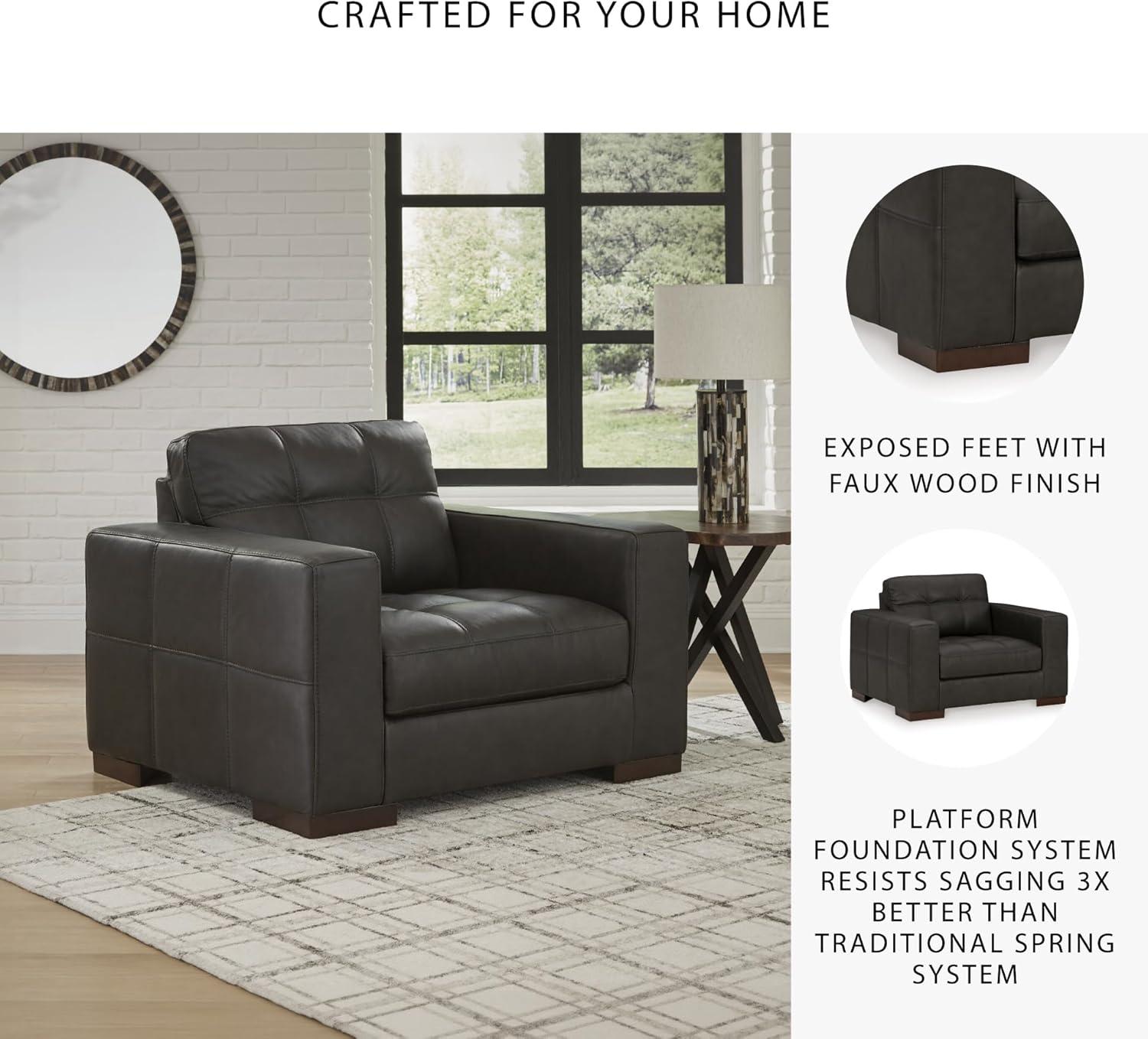 imageSignature Design by Ashley Lombardia Contemporary Oversized Accent Chair with Foam Cushions Exposed Feet with Faux Wood Finish Leather 20quot Seat Height BrownBlack