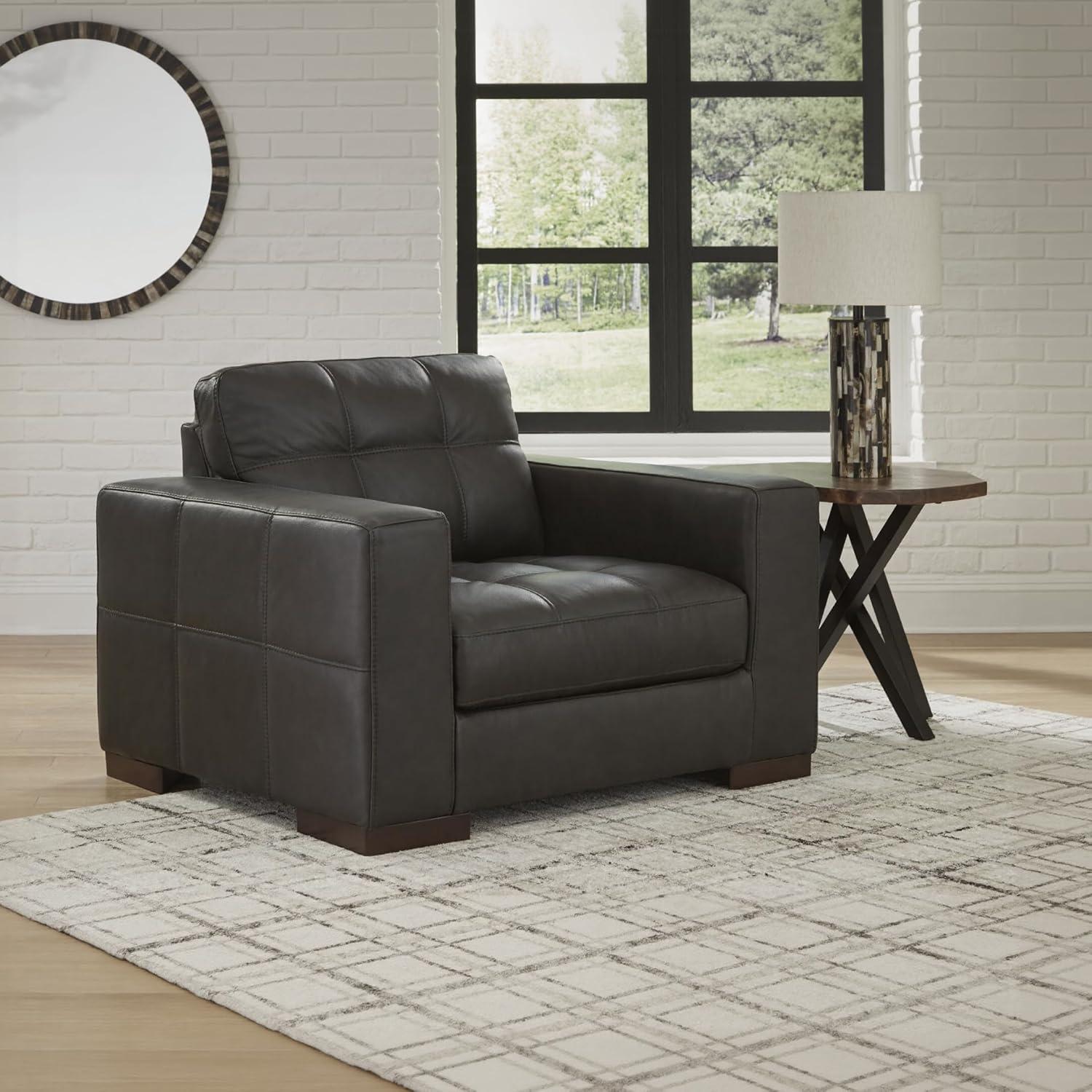 imageSignature Design by Ashley Lombardia Contemporary Oversized Accent Chair with Foam Cushions Exposed Feet with Faux Wood Finish Leather 20quot Seat Height BrownBlack