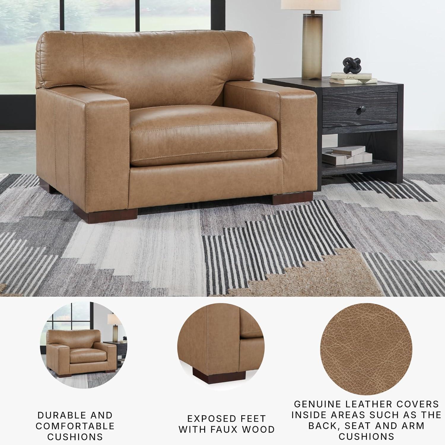 imageSignature Design by Ashley Lombardia Contemporary Oversized Accent Chair with Foam Cushions Exposed Feet with Faux Wood Finish Leather 20quot Seat Height BrownLight Brown