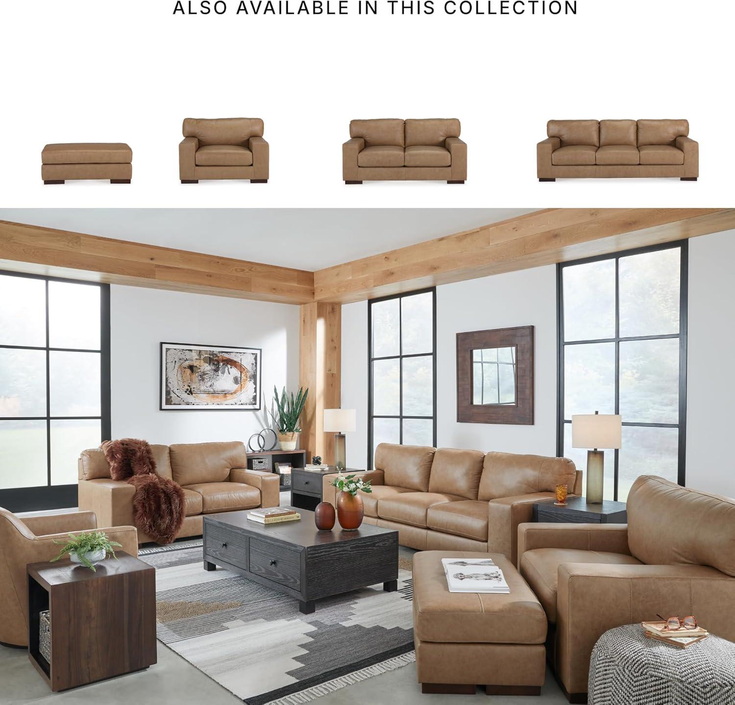 imageSignature Design by Ashley Lombardia Contemporary Oversized Accent Chair with Foam Cushions Exposed Feet with Faux Wood Finish Leather 20quot Seat Height BrownLight Brown