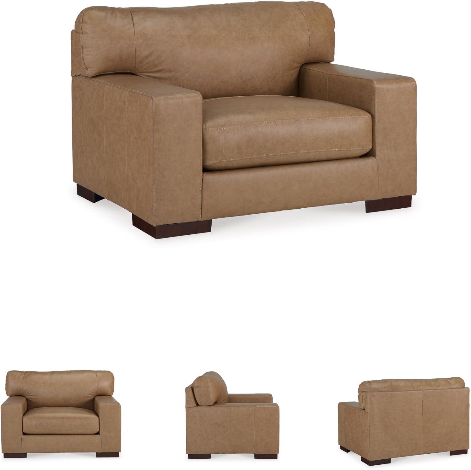 imageSignature Design by Ashley Lombardia Contemporary Oversized Accent Chair with Foam Cushions Exposed Feet with Faux Wood Finish Leather 20quot Seat Height BrownLight Brown