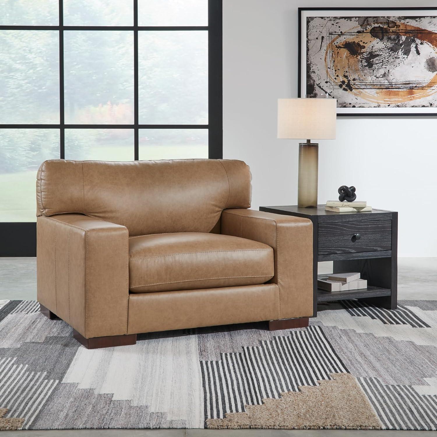 imageSignature Design by Ashley Lombardia Contemporary Oversized Accent Chair with Foam Cushions Exposed Feet with Faux Wood Finish Leather 20quot Seat Height BrownLight Brown