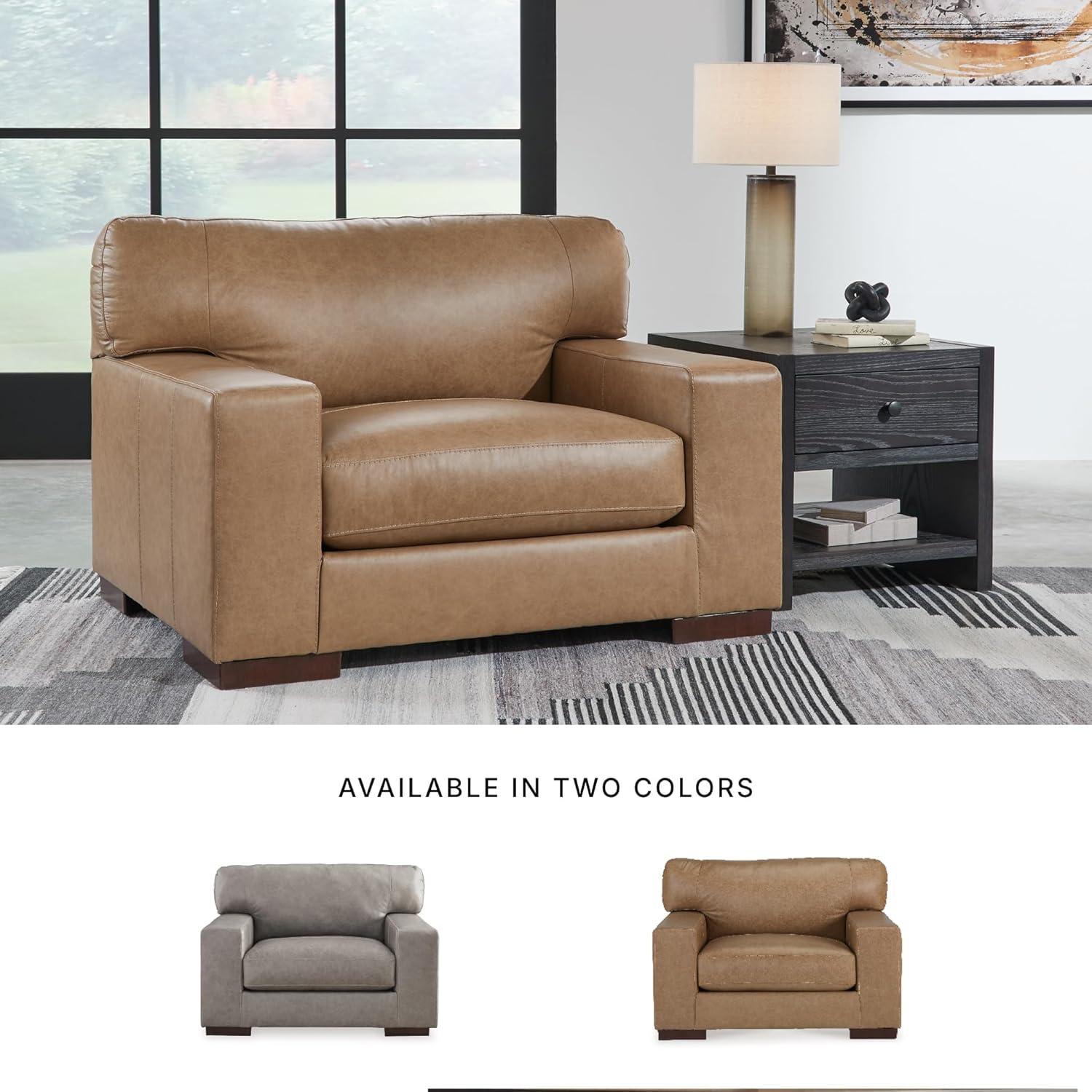 imageSignature Design by Ashley Lombardia Contemporary Oversized Accent Chair with Foam Cushions Exposed Feet with Faux Wood Finish Leather 20quot Seat Height BrownLight Brown