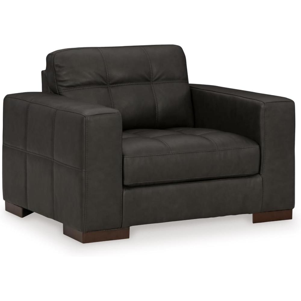 imageSignature Design by Ashley Lombardia Contemporary Oversized Accent Chair with Foam Cushions Exposed Feet with Faux Wood Finish Leather 20quot Seat Height BrownBlack