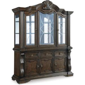 Signature Design by Ashley Maylee Traditional 3-Drawer 5-Shelf Dining Buffet and Hutch with Safety Stop, Felt-Lined Top Drawer and LED Lights, Dark Brown