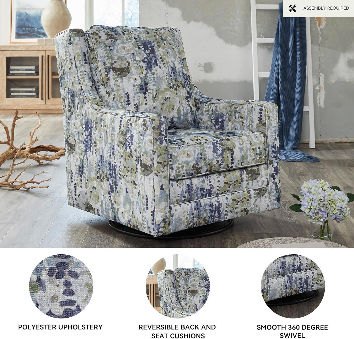 imageSignature Design by Ashley Dustinford Contemporary Abstract Floral Swivel Glider Accent Chair with Reversible Cushions Blue ampamp Green