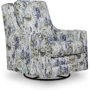 Signature Design by Ashley Dustinford Contemporary Abstract Floral Swivel Glider Accent Chair with Reversible Cushions, Blue & Green