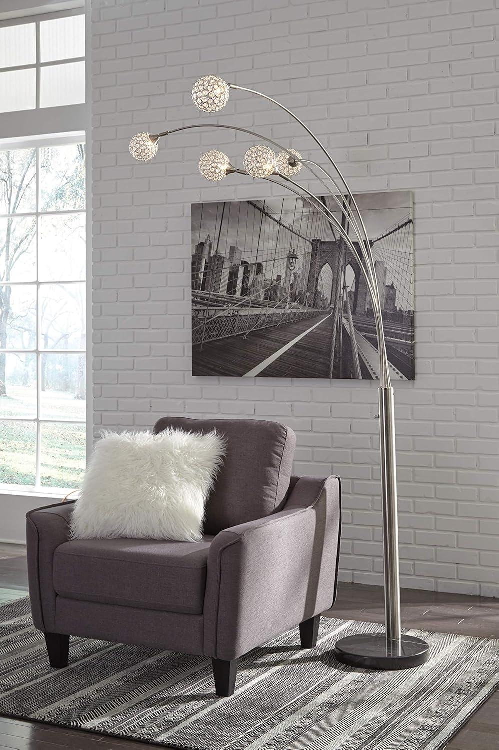 imageSignature Design by Ashley Winter Contemporary 95quot Metal and Black Marble Floor Arc Lamp with 5 Lights ampamp Dimmer Switch SilverWinter