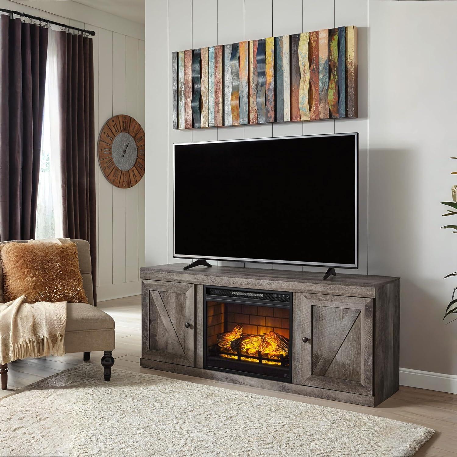 imageSignature Design by Ashley Wynnlow Farmhouse 60quot TV Stand with Electric Fireplace for TVs up to 69quot GrayGrey