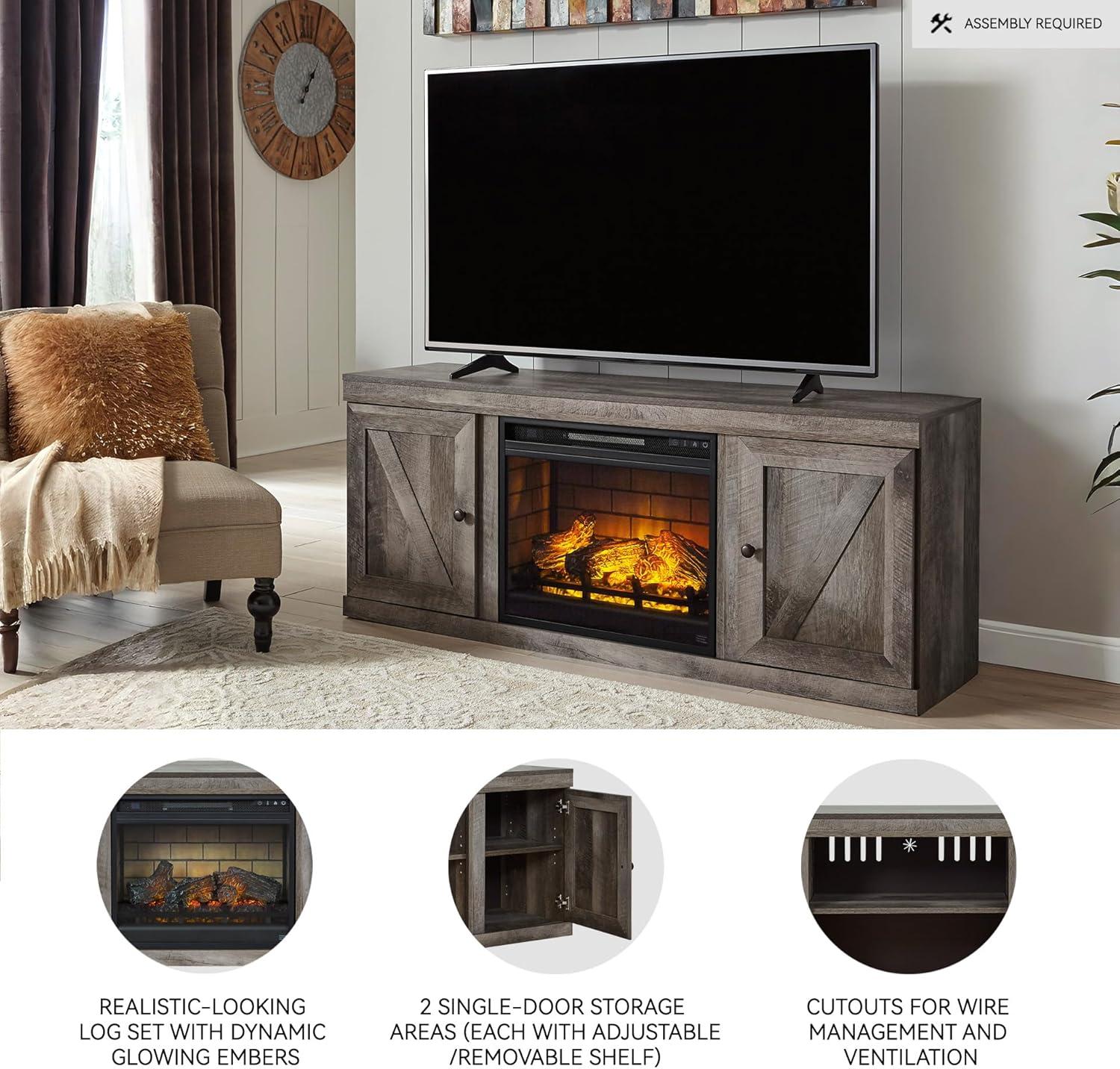 imageSignature Design by Ashley Wynnlow Farmhouse 60quot TV Stand with Electric Fireplace for TVs up to 69quot GrayGrey