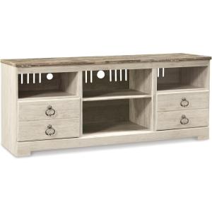 Signature Design by Ashley Willowton Farmhouse 4-Piece Entertainment Center for TVs up to 69″ with Adjustable Shelves, Whitewash(Whitewash)