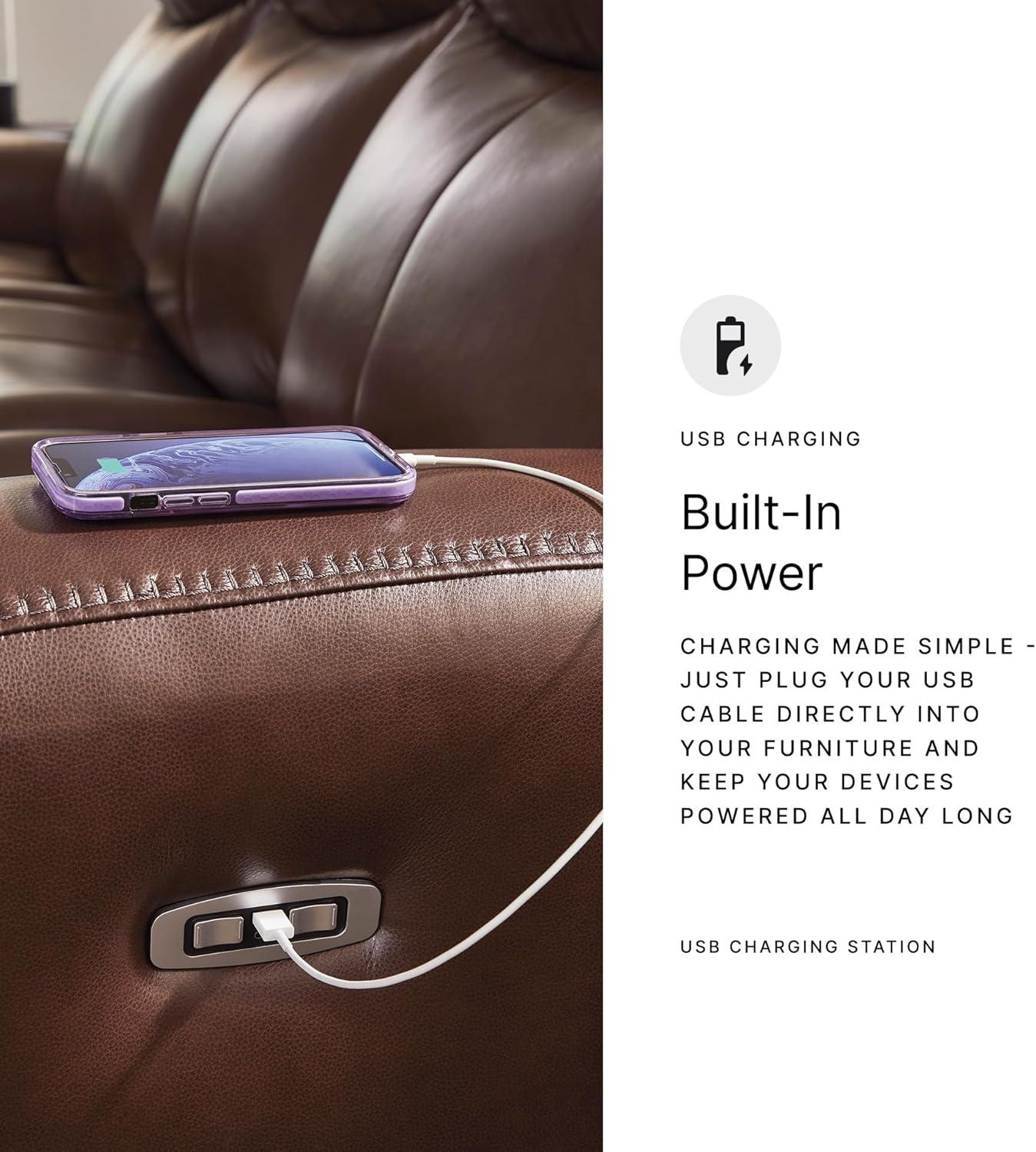imageSignature Design by Ashley Mighty Moves Contemporary Leather Match Power Recliner with USB Ports Dark Brown