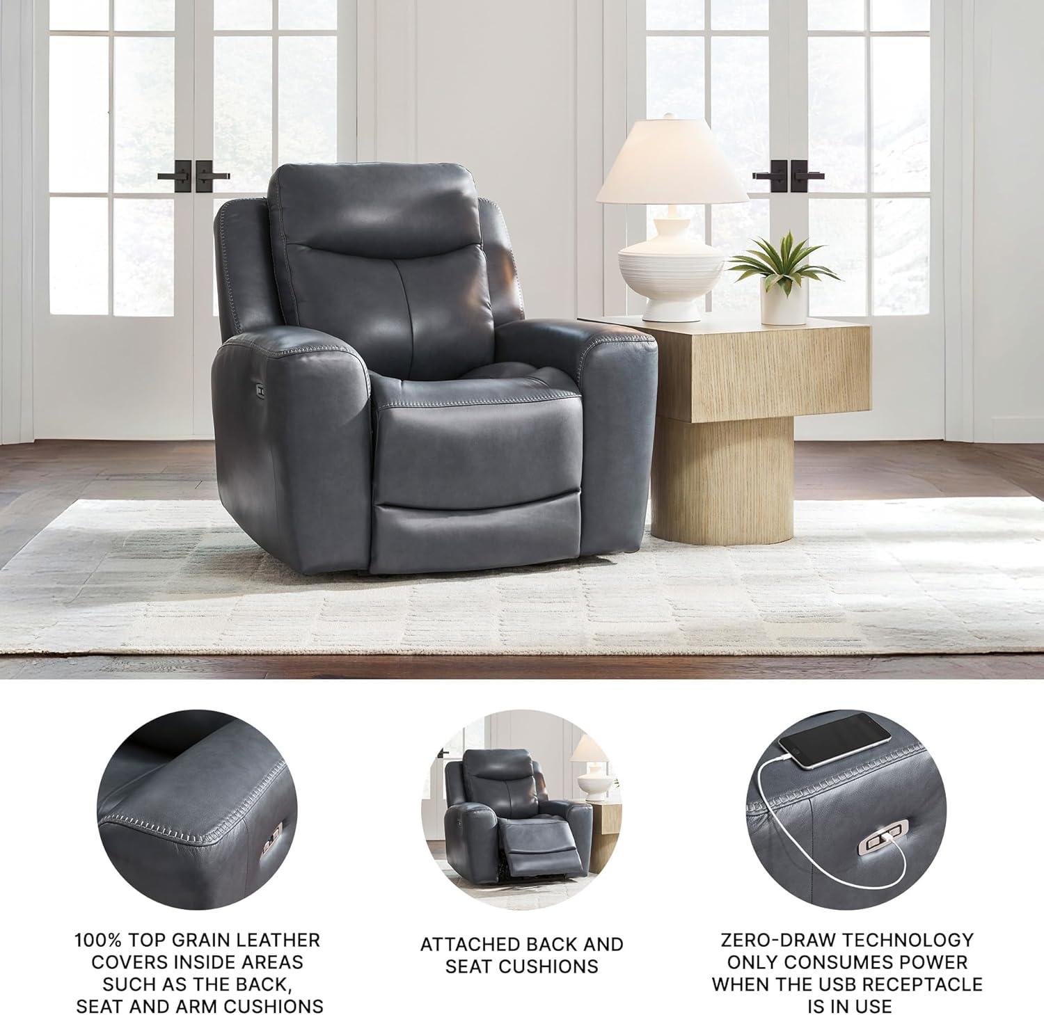 imageSignature Design by Ashley Mighty Moves Urban Leather Match Power Recliner Adjustable Headrest USB Charging Port and Storage Blue