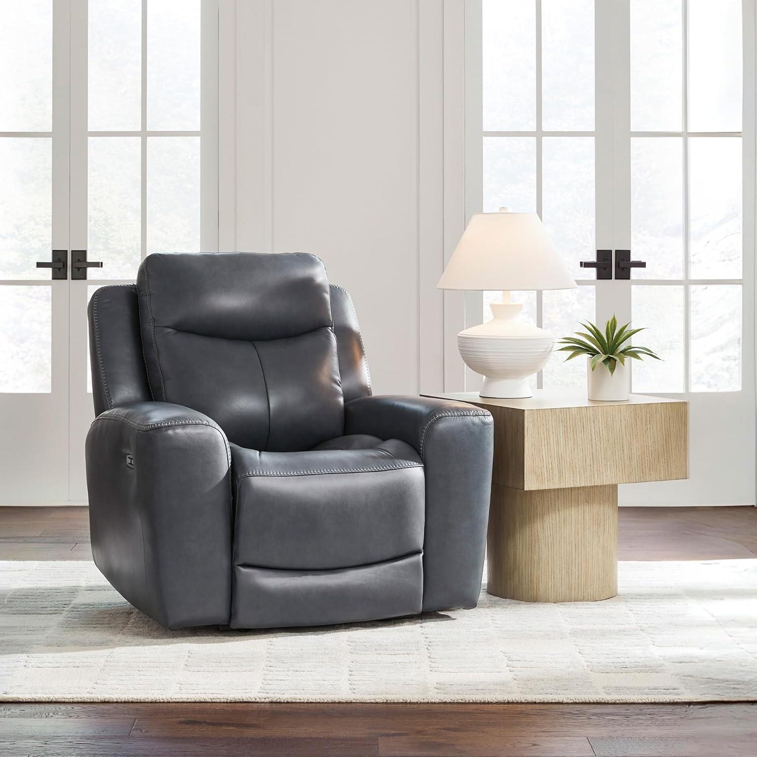 imageSignature Design by Ashley Mighty Moves Urban Leather Match Power Recliner Adjustable Headrest USB Charging Port and Storage Blue