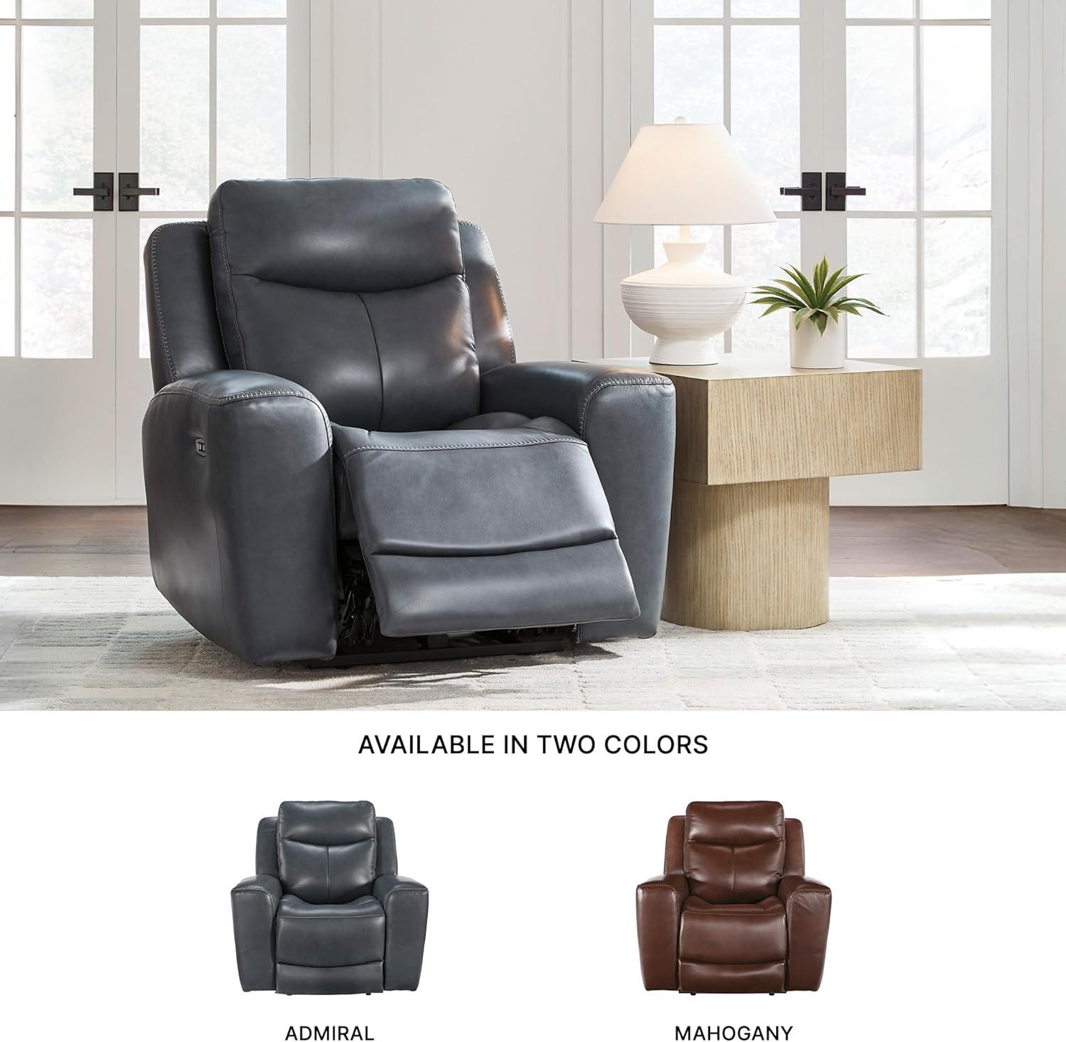imageSignature Design by Ashley Mighty Moves Urban Leather Match Power Recliner Adjustable Headrest USB Charging Port and Storage Blue