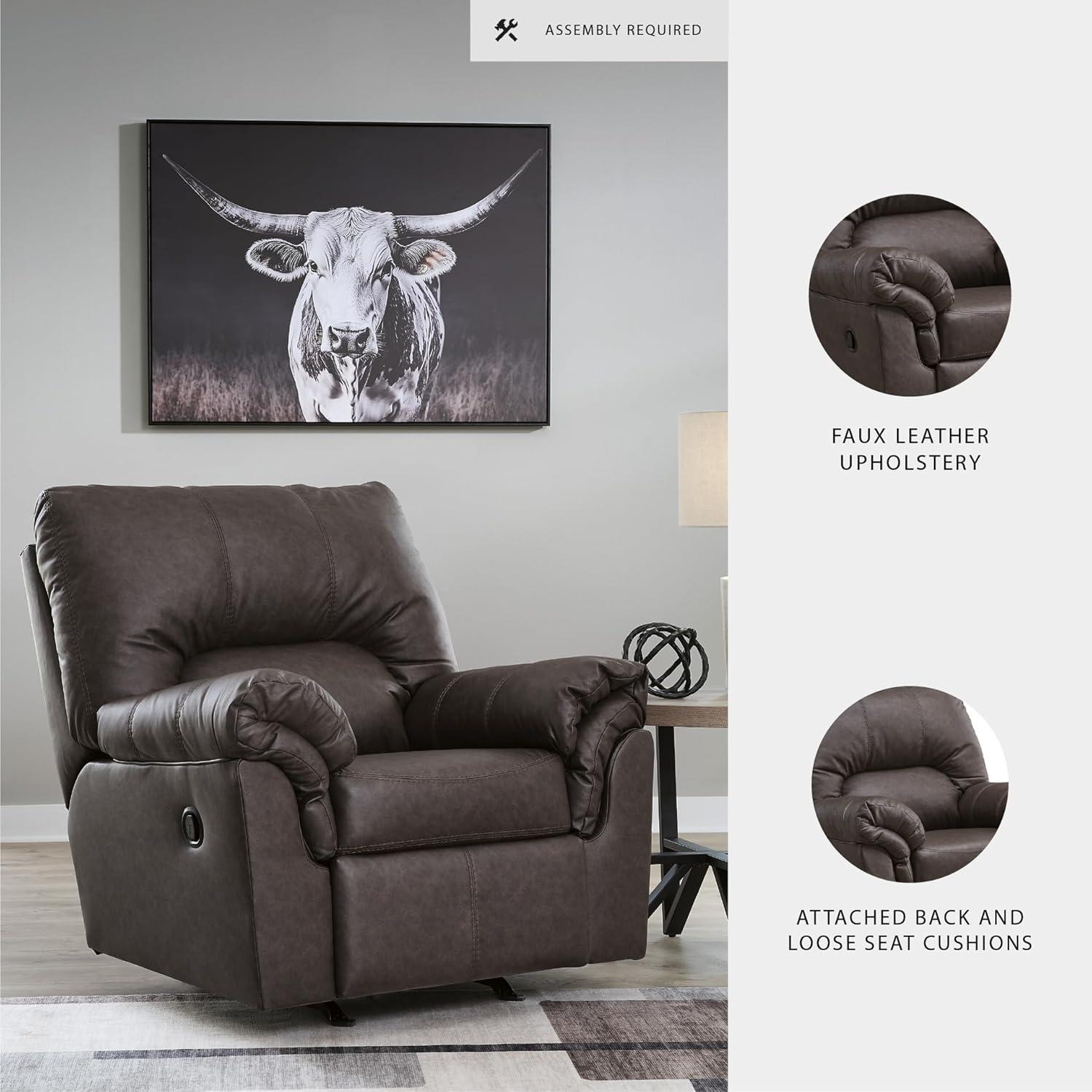 imageSignature Design by Ashley Walker Point Contemporary Faux Leather Rocker Recliner with Arm Rest Dark Brown
