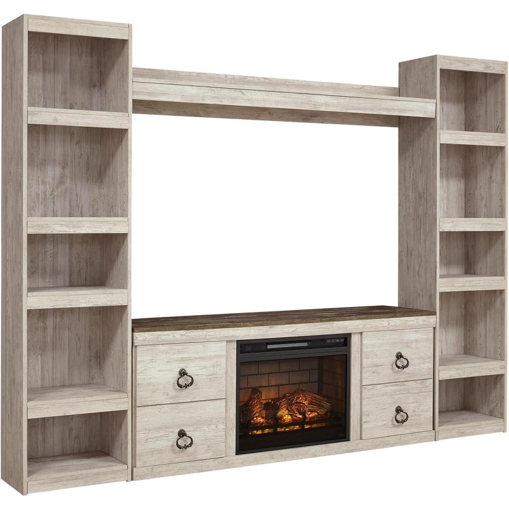 imageSignature Design by Ashley Willowton Farmhouse 4Piece Entertainment Center for TVs up to 69quot with Electric Fireplace Whitewash