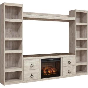 Signature Design by Ashley Willowton Farmhouse 4-Piece Entertainment Center for TVs up to 69″ with Electric Fireplace, Whitewash