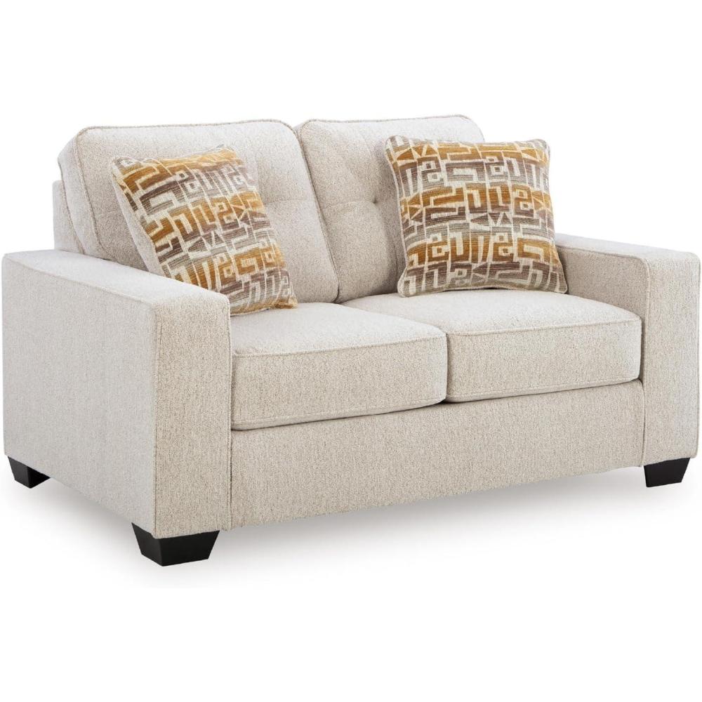imageSignature Design by Ashley Fanciful Contemporary Loveseat with Loose Seat Cushions and 2 Accent Pillows Light Gray