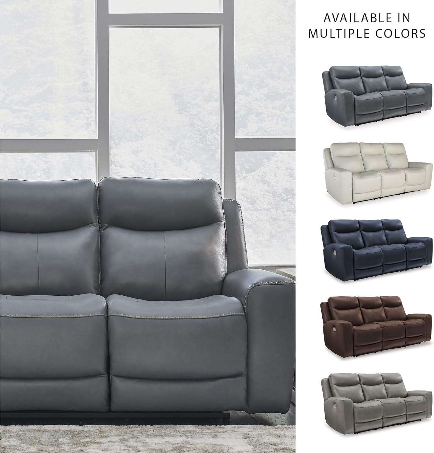 imageSignature Design by Ashley Mindanao Contemporary Leather Match Upholstered Power Reclining Sofa with Adjustable Headrest and USB Ports Gray