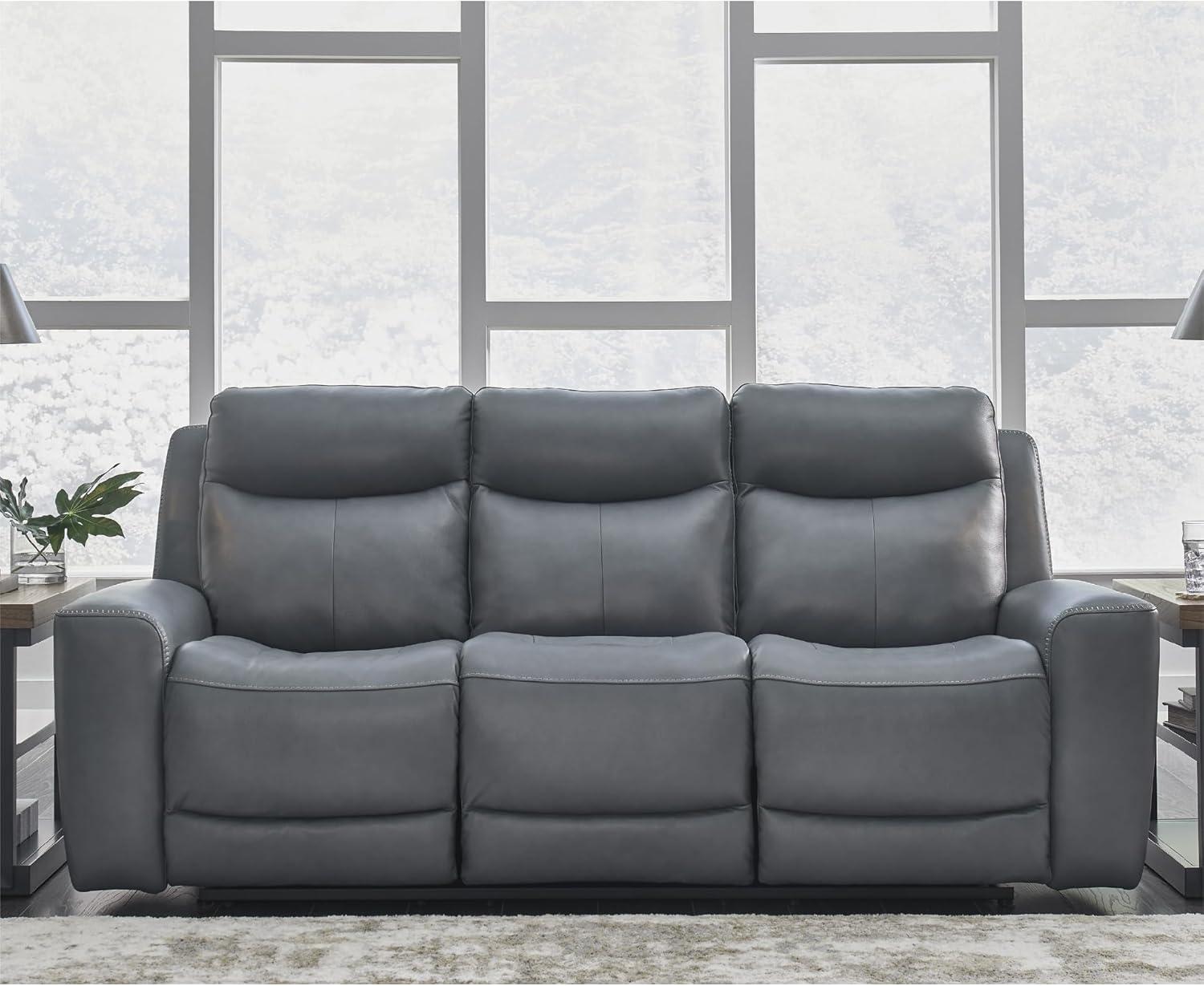 imageSignature Design by Ashley Mindanao Contemporary Leather Match Upholstered Power Reclining Sofa with Adjustable Headrest and USB Ports Gray