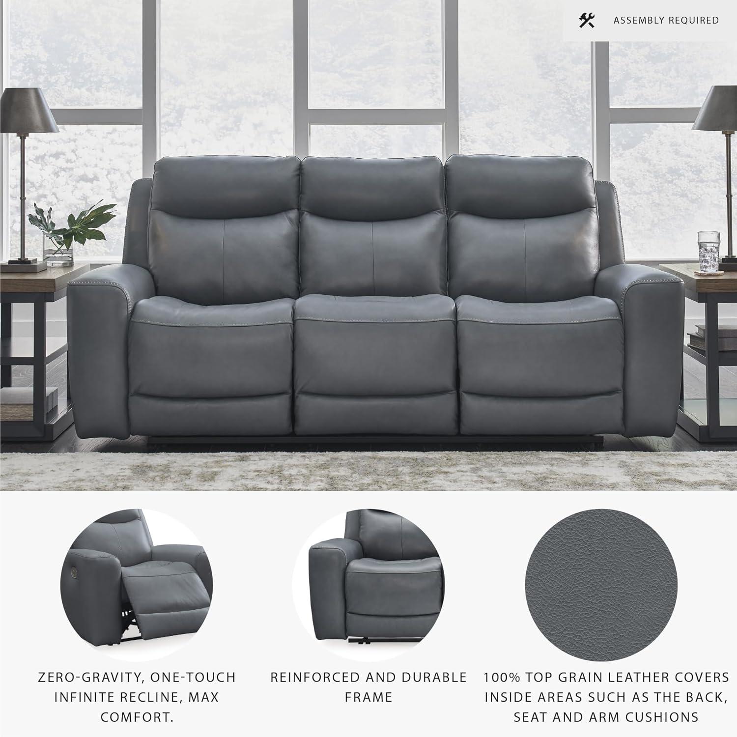 imageSignature Design by Ashley Mindanao Contemporary Leather Match Upholstered Power Reclining Sofa with Adjustable Headrest and USB Ports Gray