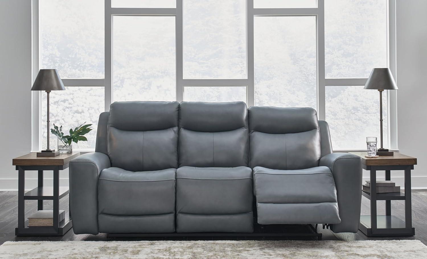 imageSignature Design by Ashley Mindanao Contemporary Leather Match Upholstered Power Reclining Sofa with Adjustable Headrest and USB Ports Gray