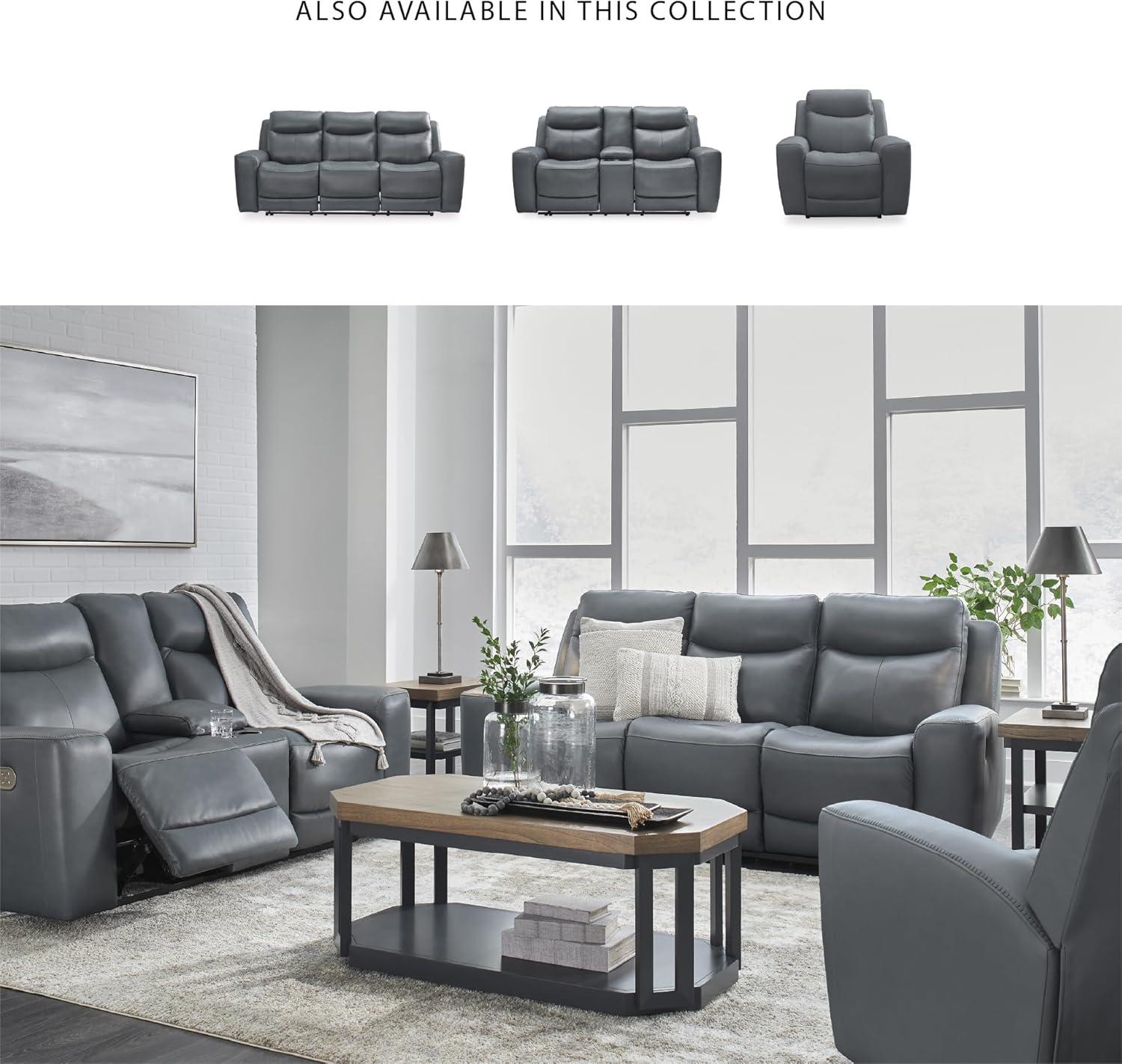 imageSignature Design by Ashley Mindanao Contemporary Leather Match Upholstered Power Reclining Sofa with Adjustable Headrest and USB Ports Gray