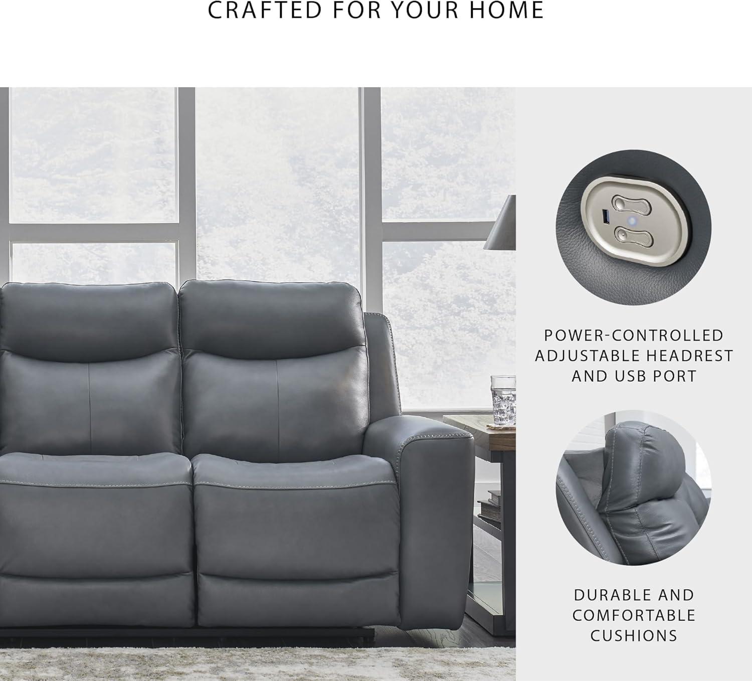 imageSignature Design by Ashley Mindanao Contemporary Leather Match Upholstered Power Reclining Sofa with Adjustable Headrest and USB Ports Gray