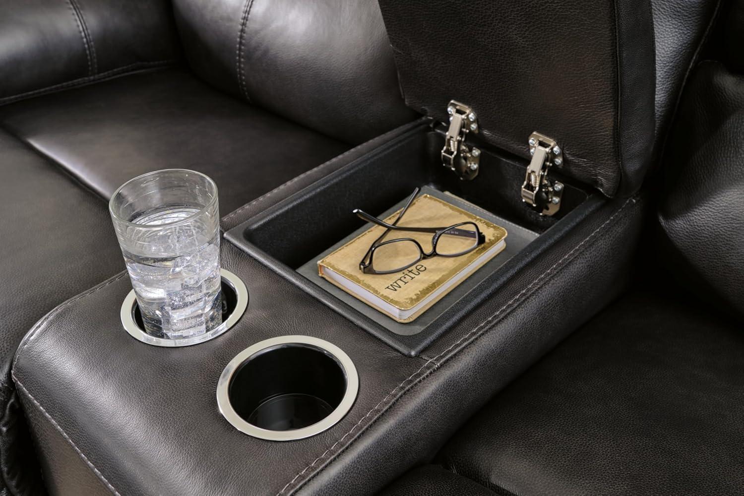 imageSignature Design by Ashley Mountainous Modern Leather Match Wall Hugger Power Reclining Loveseat with Adjustable Headrest USB Ports Storage and Cup Holders Black
