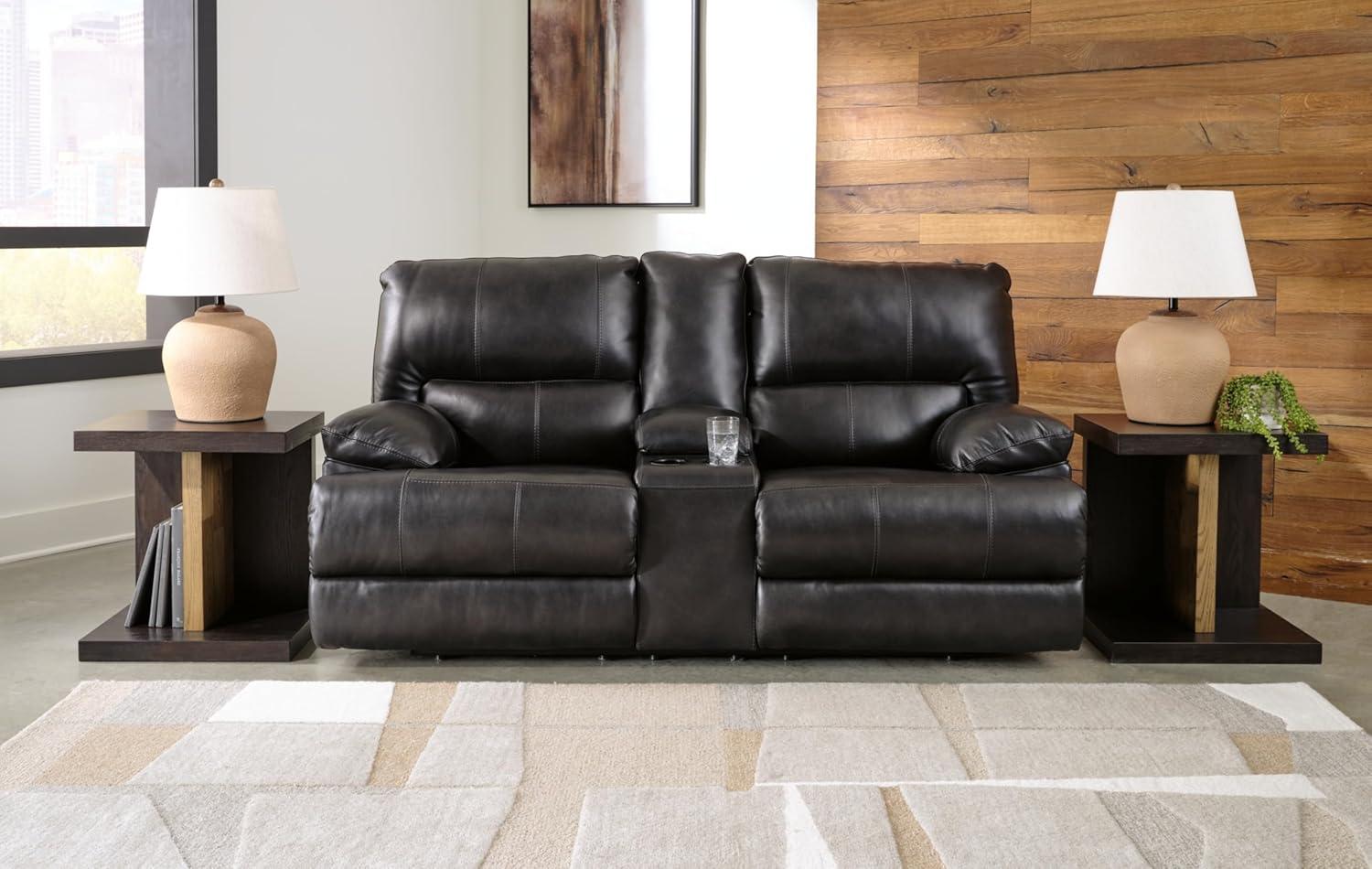 imageSignature Design by Ashley Mountainous Modern Leather Match Wall Hugger Power Reclining Loveseat with Adjustable Headrest USB Ports Storage and Cup Holders Black