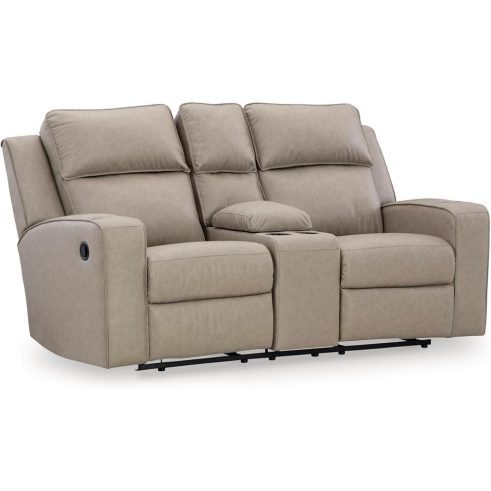 imageSignature Design by Ashley Lavenhorne Contemporary Faux Leather Manual Reclining Loveseat with Console and Cup Holders BeigeBeige