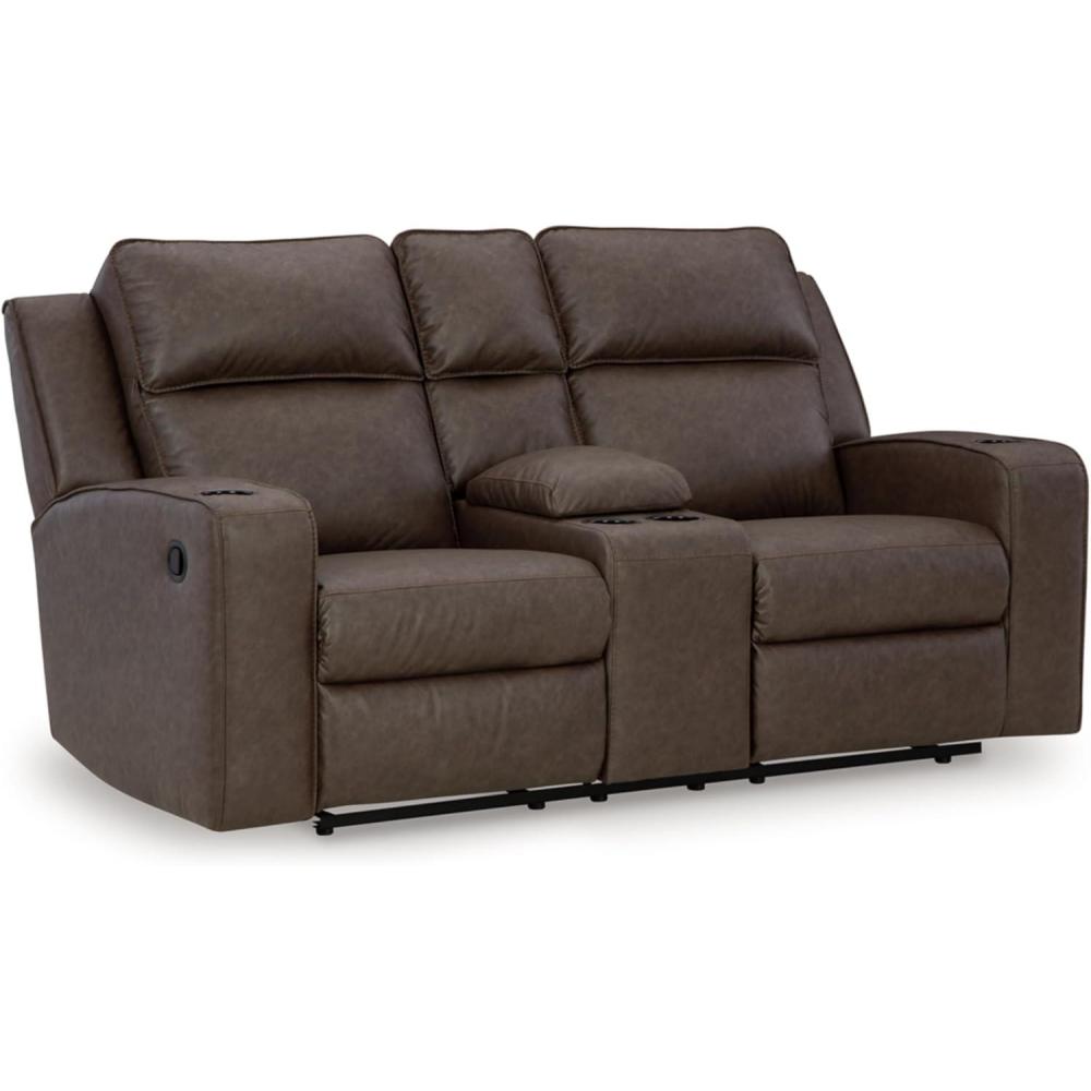 imageSignature Design by Ashley Lavenhorne Contemporary Faux Leather Manual Reclining Loveseat with Console and Cup Holders BeigeDark Brown