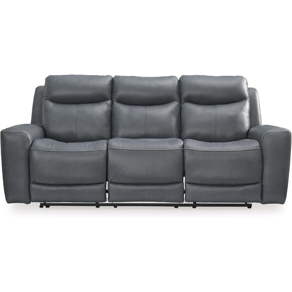 imageSignature Design by Ashley Mindanao Contemporary Leather Match Upholstered Power Reclining Sofa with Adjustable Headrest and USB Ports Gray