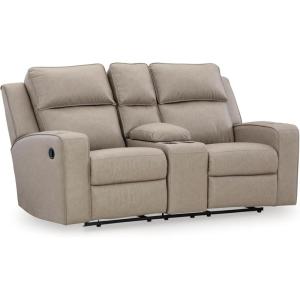 Signature Design by Ashley Lavenhorne Contemporary Faux Leather Manual Reclining Loveseat with Console and Cup Holders, Beige(Beige)