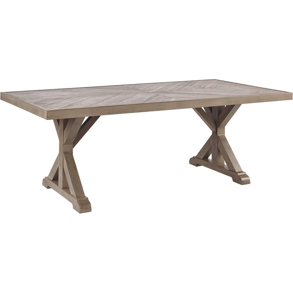 imageSignature Design by Ashley Beachcroft Farmhouse Weather and Rust Resistant Outdoor Dining Table with Porcelain Tabletop and Umbrella Hole Black ampamp Light GrayNatural