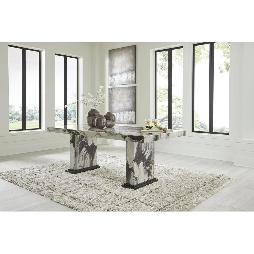 imageSignature Design by Ashley Jazmore Contemporary Dining Table with Double Pedestal Base Dark Brown ampamp Beige