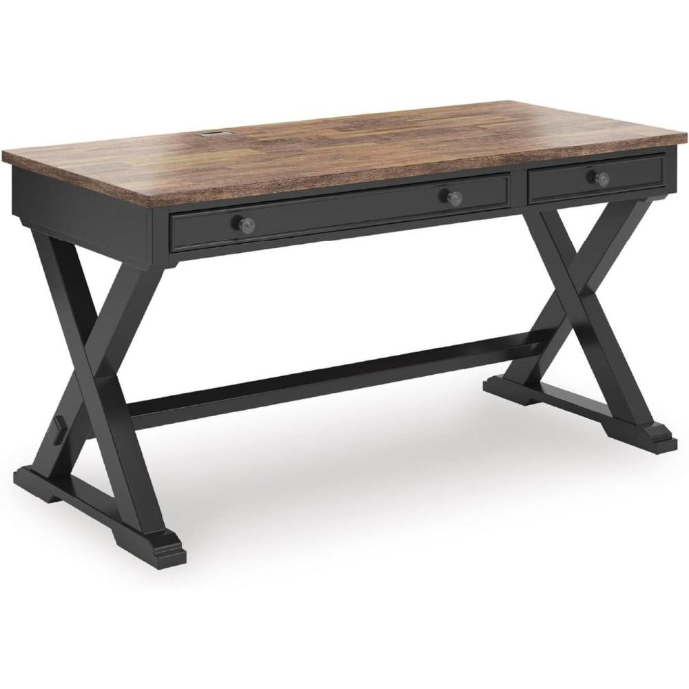 imageSignature Design by Ashley Wildenauer Farmhouse 1Drawer 60quot Home Office Desk with Keyboard Tray Cord Management and Trestle Base Dark Brown ampamp Black