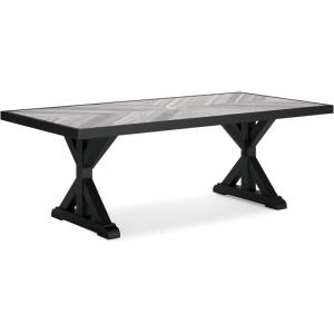 Signature Design by Ashley Beachcroft Farmhouse Weather and Rust Resistant Outdoor Dining Table with Porcelain Tabletop and Umbrella Hole, Black & Light Gray(Black)