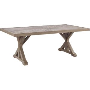 Signature Design by Ashley Beachcroft Farmhouse Weather and Rust Resistant Outdoor Dining Table with Porcelain Tabletop and Umbrella Hole, Black & Light Gray(Natural)